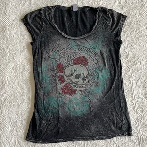 Harley-Davidson Rhinestone Tee with Skull and Roses / Rhinestone Graphic